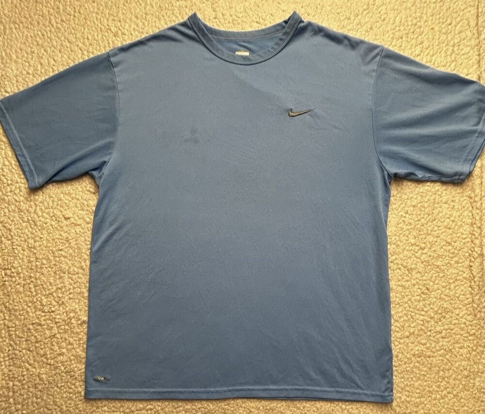 Nike Fit Dry Men's L Short Sleeve Running Training Shirt Light Blue Chest Stains